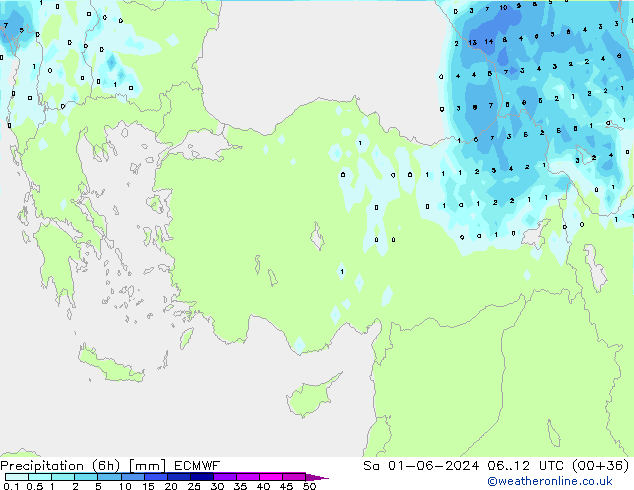 Precipitation (6h) ECMWF So 01.06.2024 12 UTC