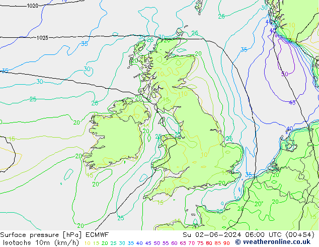 Izotacha (km/godz) ECMWF nie. 02.06.2024 06 UTC