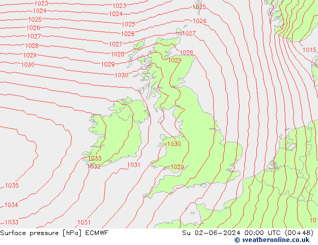 Presión superficial ECMWF dom 02.06.2024 00 UTC