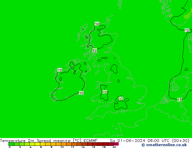 Temperature 2m Spread ECMWF Sa 01.06.2024 06 UTC