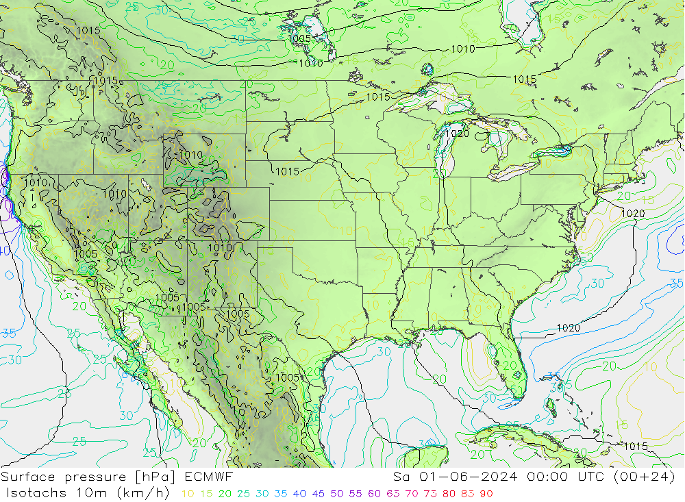 Isotachs (kph) ECMWF Sa 01.06.2024 00 UTC