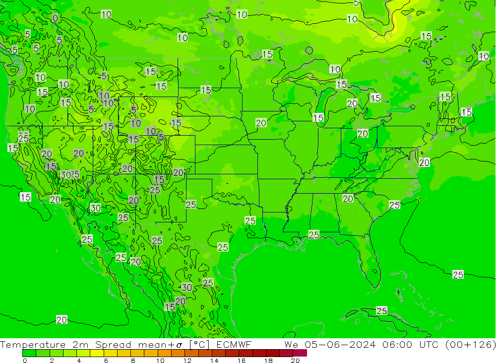 Temperature 2m Spread ECMWF We 05.06.2024 06 UTC