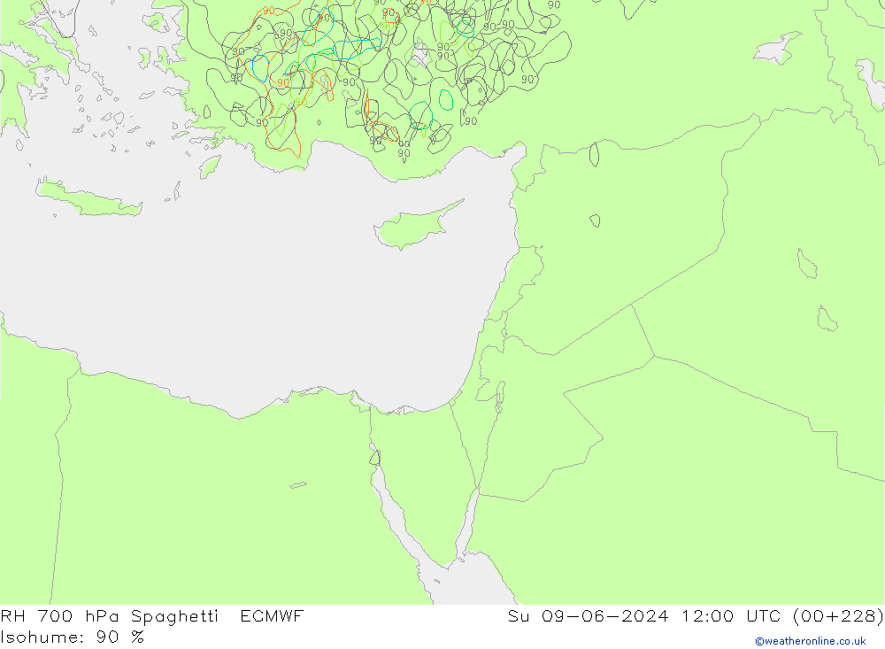 RH 700 hPa Spaghetti ECMWF dom 09.06.2024 12 UTC