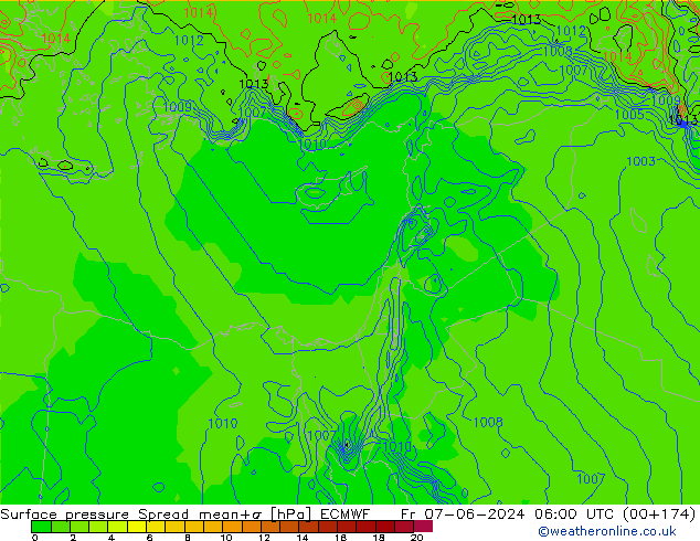 Surface pressure Spread ECMWF Fr 07.06.2024 06 UTC