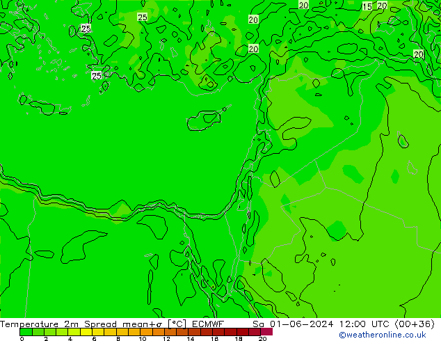 Temperatura 2m Spread ECMWF sáb 01.06.2024 12 UTC