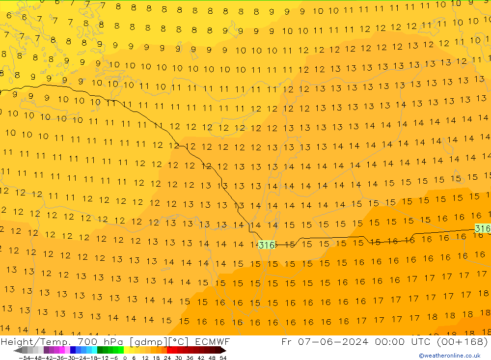 Height/Temp. 700 гПа ECMWF пт 07.06.2024 00 UTC