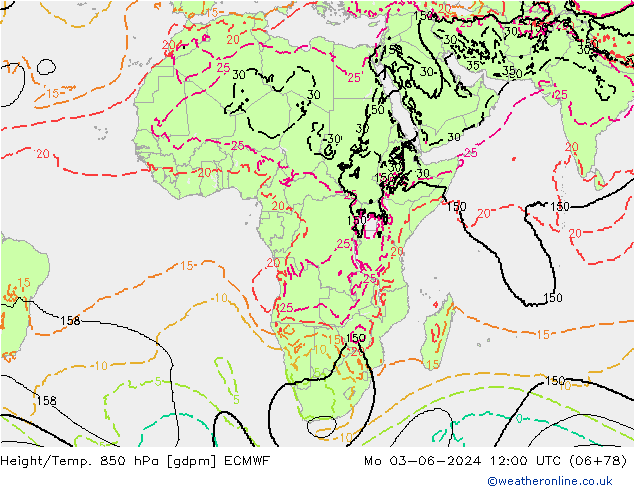 Height/Temp. 850 hPa ECMWF pon. 03.06.2024 12 UTC