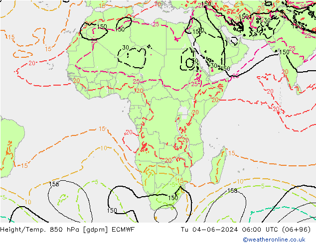 Yükseklik/Sıc. 850 hPa ECMWF Sa 04.06.2024 06 UTC