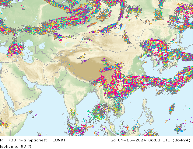 RH 700 hPa Spaghetti ECMWF Sa 01.06.2024 06 UTC