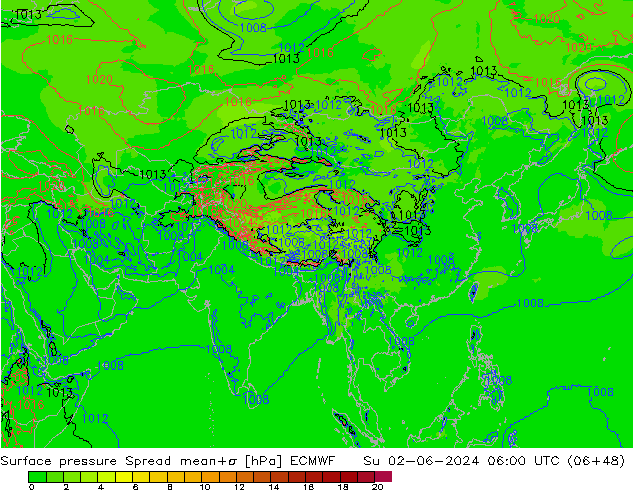 Surface pressure Spread ECMWF Su 02.06.2024 06 UTC