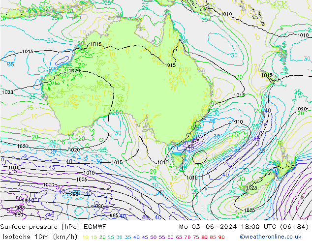 Isotachs (kph) ECMWF Mo 03.06.2024 18 UTC