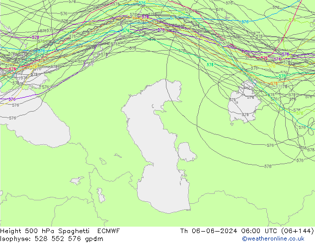 Height 500 hPa Spaghetti ECMWF Čt 06.06.2024 06 UTC