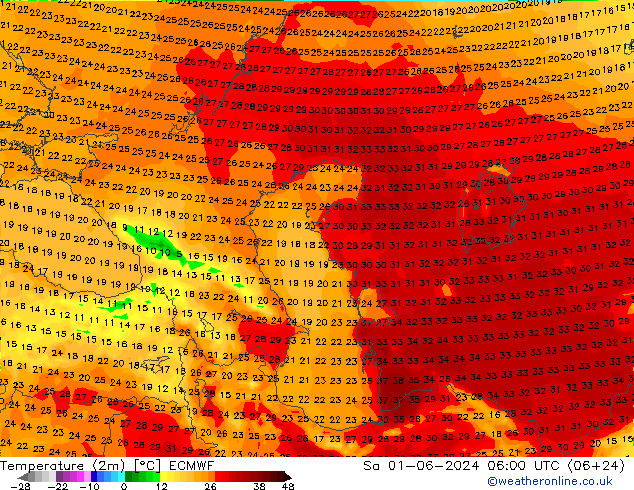 Temperature (2m) ECMWF Sa 01.06.2024 06 UTC