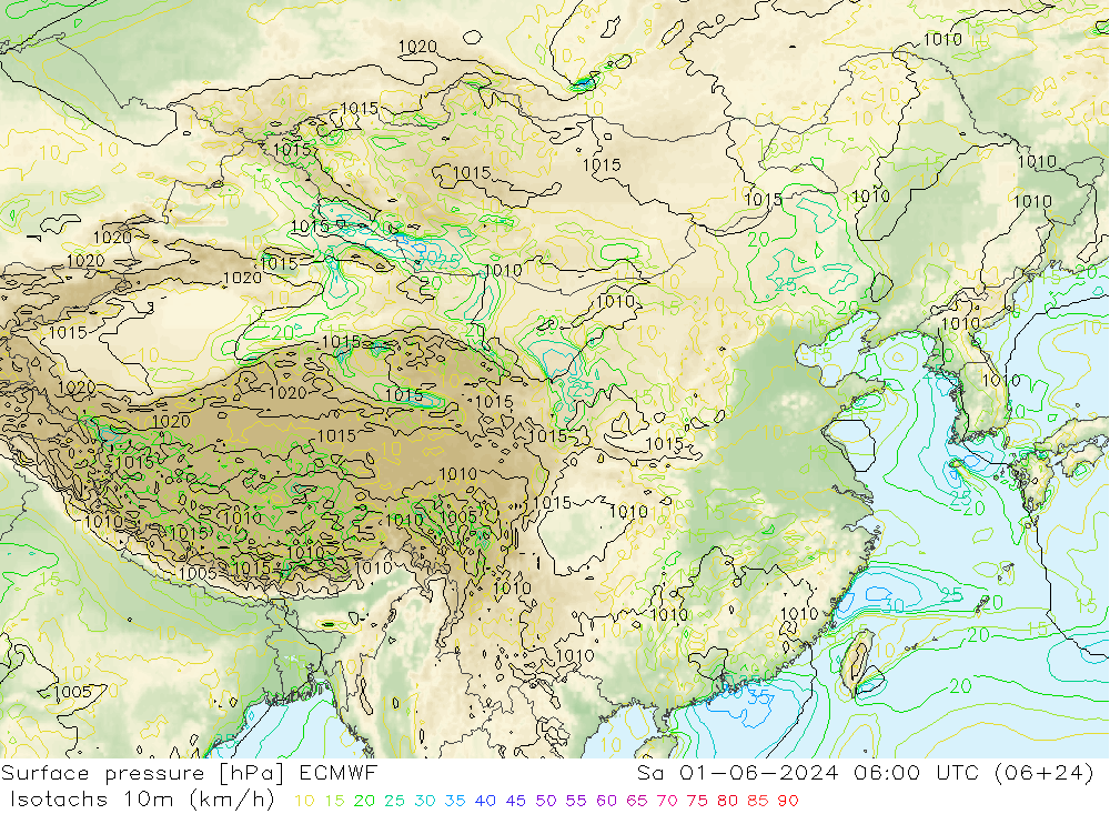 Isotachs (kph) ECMWF sab 01.06.2024 06 UTC