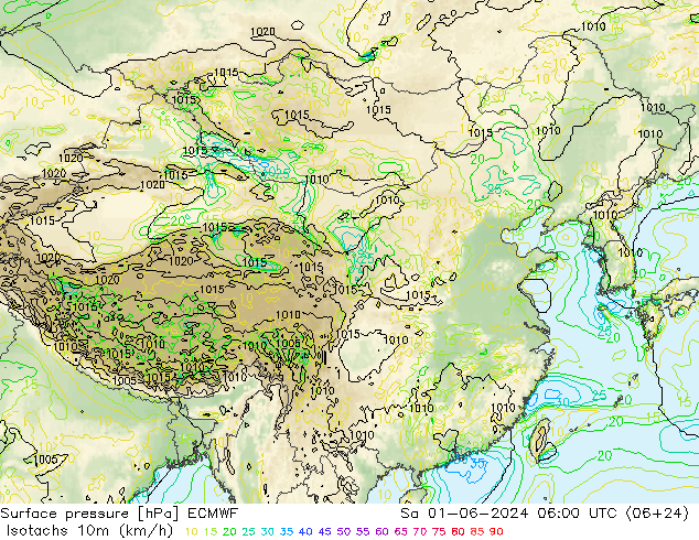 Isotachen (km/h) ECMWF Sa 01.06.2024 06 UTC