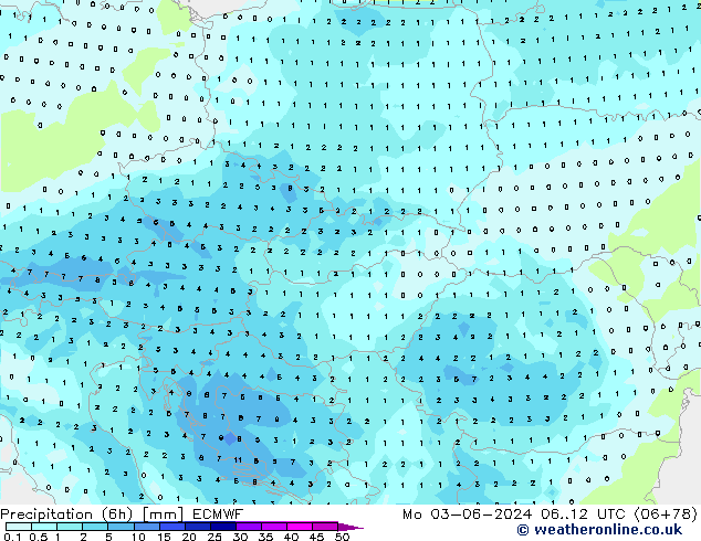 Précipitation (6h) ECMWF lun 03.06.2024 12 UTC