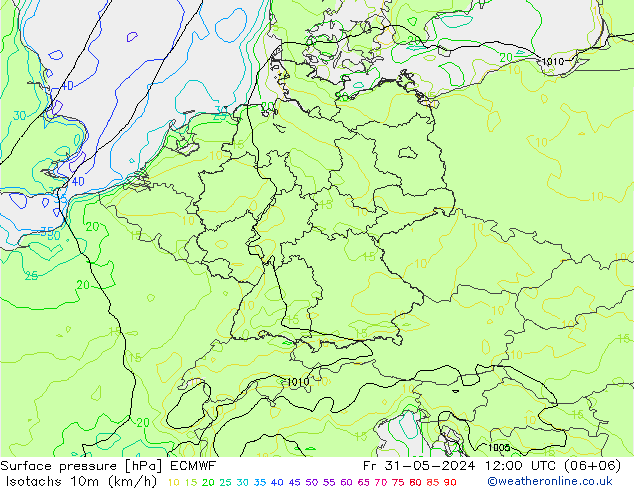 Isotachs (kph) ECMWF пт 31.05.2024 12 UTC