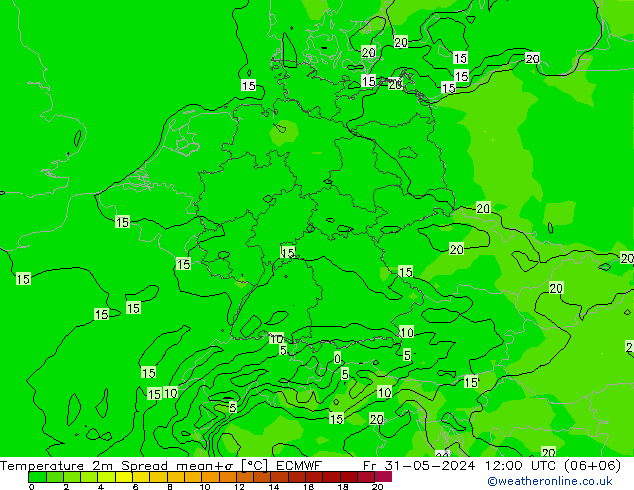 Temperatura 2m Spread ECMWF vie 31.05.2024 12 UTC