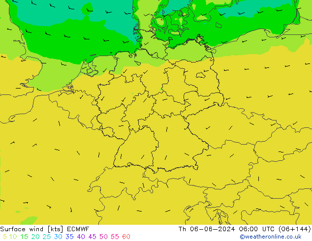 wiatr 10 m ECMWF czw. 06.06.2024 06 UTC