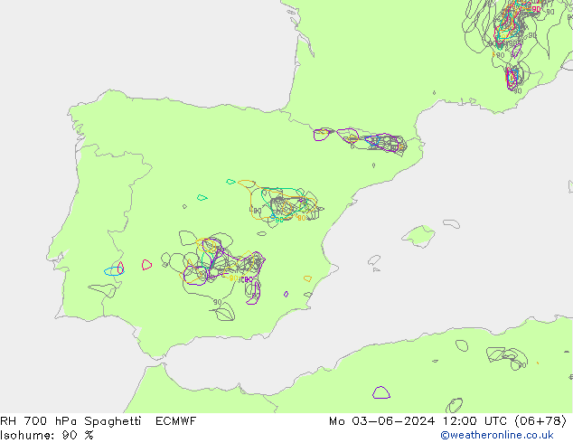 RH 700 hPa Spaghetti ECMWF  03.06.2024 12 UTC