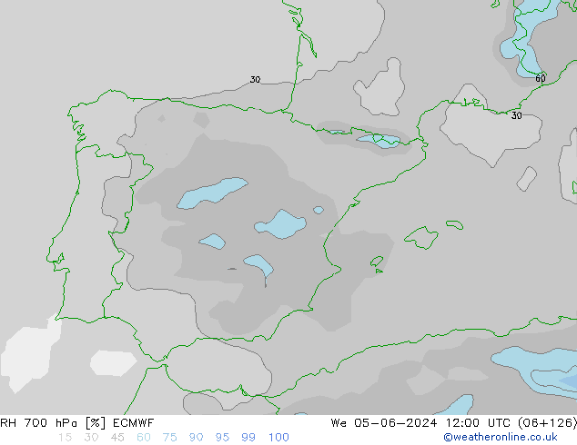 RH 700 hPa ECMWF mer 05.06.2024 12 UTC
