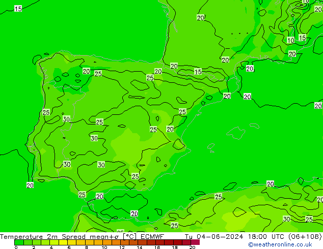 Temperatura 2m Spread ECMWF Ter 04.06.2024 18 UTC