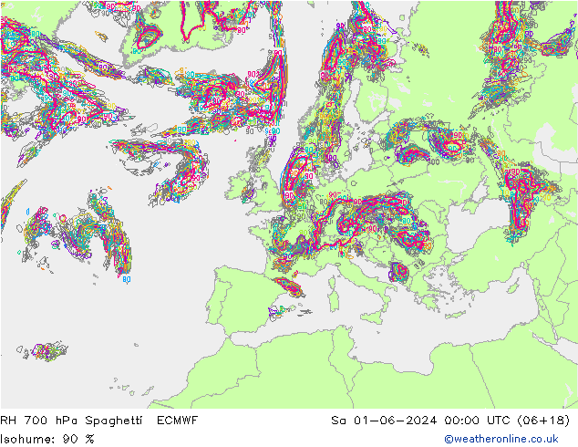 RH 700 hPa Spaghetti ECMWF Sa 01.06.2024 00 UTC