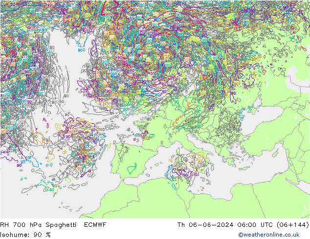 RH 700 гПа Spaghetti ECMWF чт 06.06.2024 06 UTC