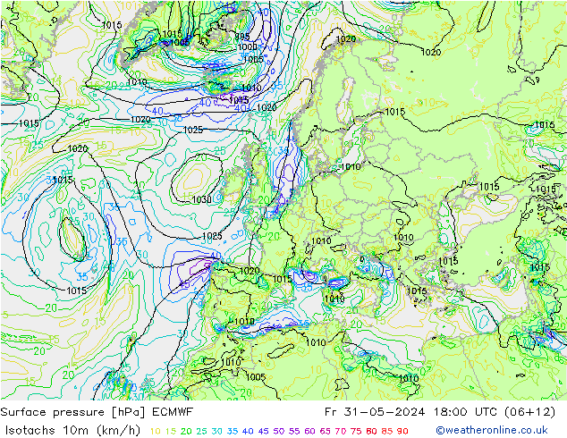 Isotachen (km/h) ECMWF vr 31.05.2024 18 UTC