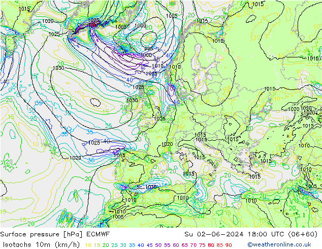 Isotachs (kph) ECMWF dim 02.06.2024 18 UTC