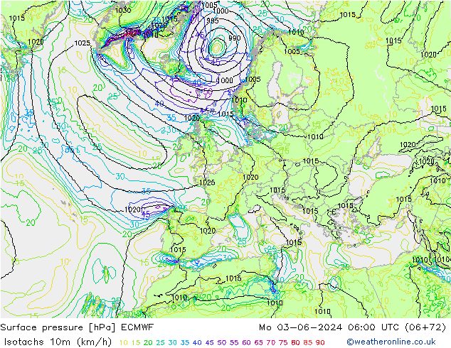 Isotachs (kph) ECMWF Seg 03.06.2024 06 UTC