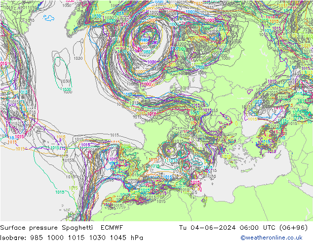 Surface pressure Spaghetti ECMWF Tu 04.06.2024 06 UTC