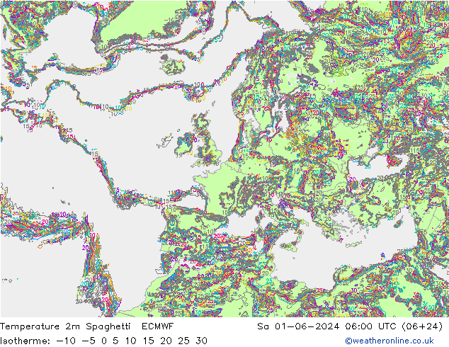 Temperature 2m Spaghetti ECMWF Sa 01.06.2024 06 UTC