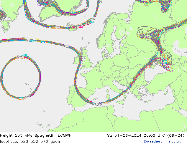 Hoogte 500 hPa Spaghetti ECMWF za 01.06.2024 06 UTC