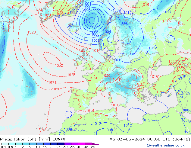 Precipitazione (6h) ECMWF lun 03.06.2024 06 UTC