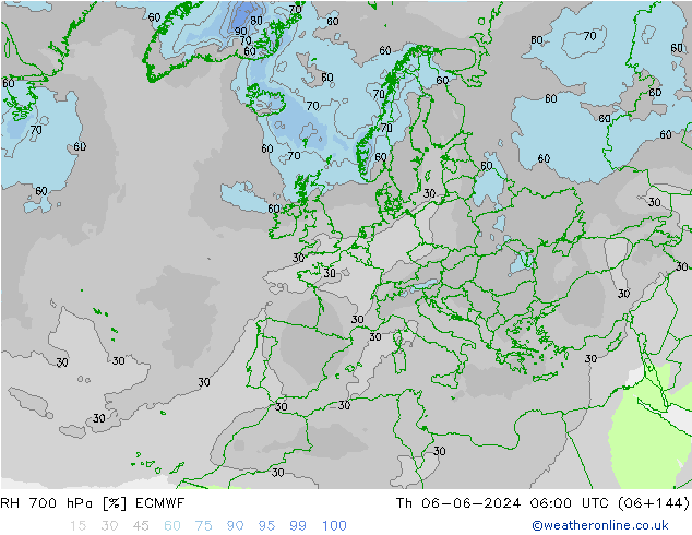 RH 700 hPa ECMWF gio 06.06.2024 06 UTC