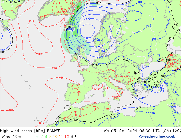 High wind areas ECMWF We 05.06.2024 06 UTC