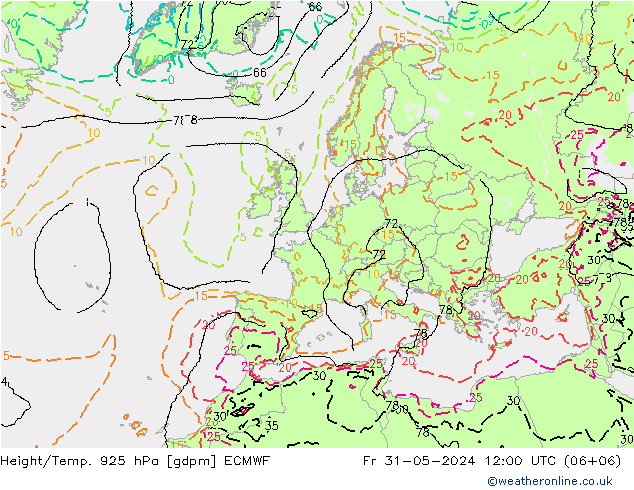 Height/Temp. 925 hPa ECMWF Sex 31.05.2024 12 UTC