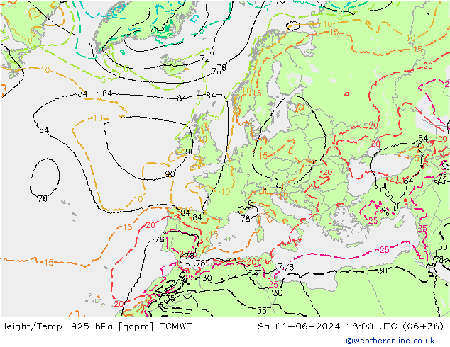 Height/Temp. 925 hPa ECMWF Sa 01.06.2024 18 UTC