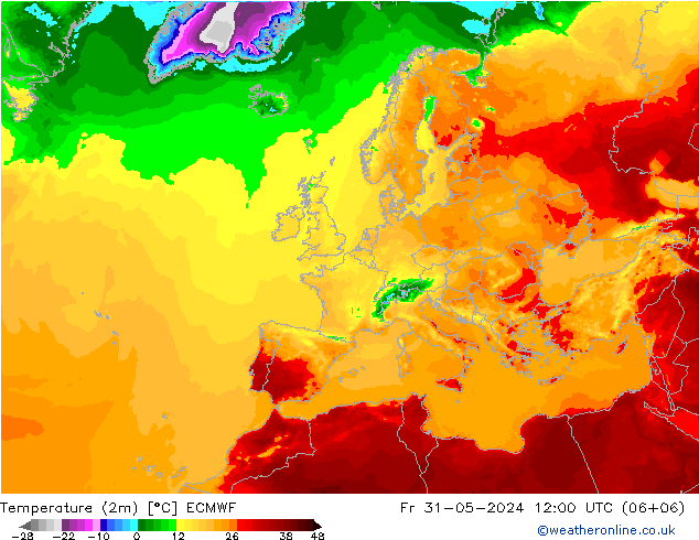 Temperature (2m) ECMWF Fr 31.05.2024 12 UTC