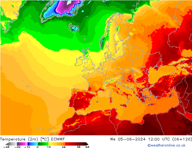 mapa temperatury (2m) ECMWF śro. 05.06.2024 12 UTC