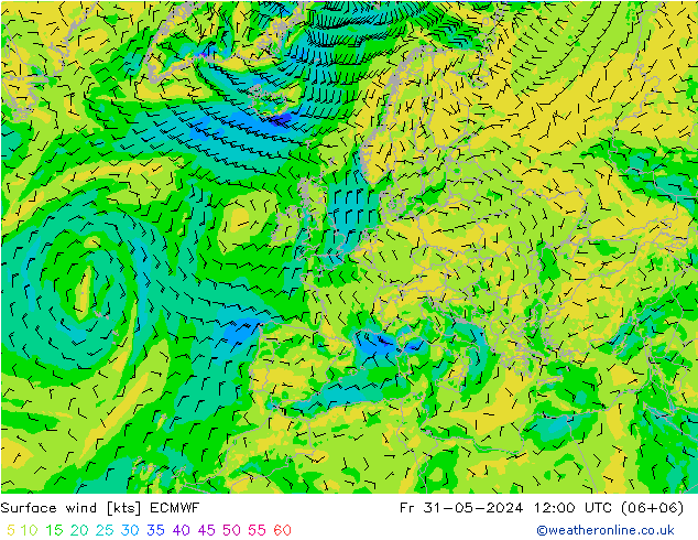 Surface wind ECMWF Pá 31.05.2024 12 UTC