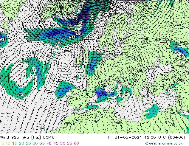 Rüzgar 925 hPa ECMWF Cu 31.05.2024 12 UTC