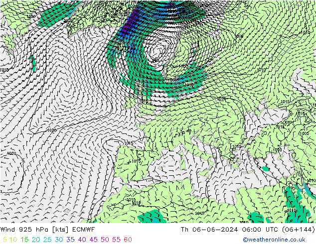 Viento 925 hPa ECMWF jue 06.06.2024 06 UTC