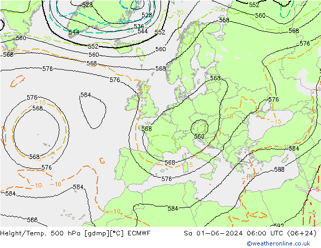 Height/Temp. 500 hPa ECMWF Sa 01.06.2024 06 UTC