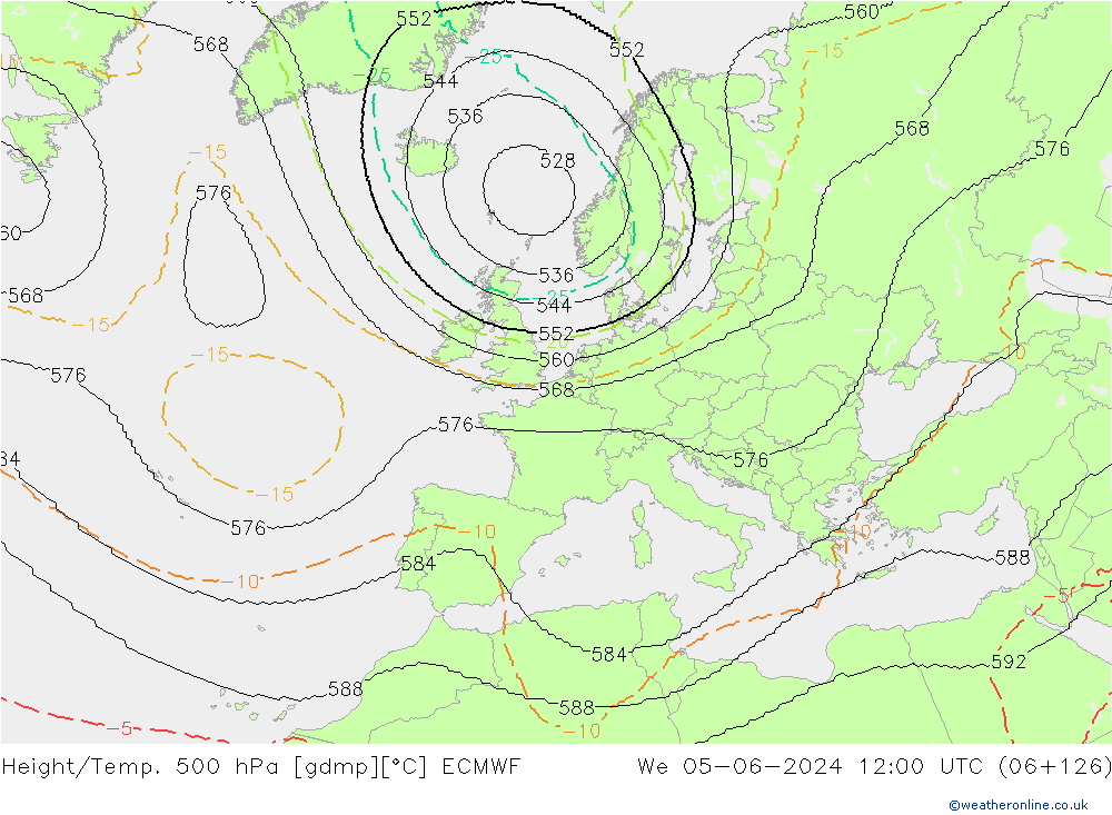 Height/Temp. 500 hPa ECMWF Qua 05.06.2024 12 UTC