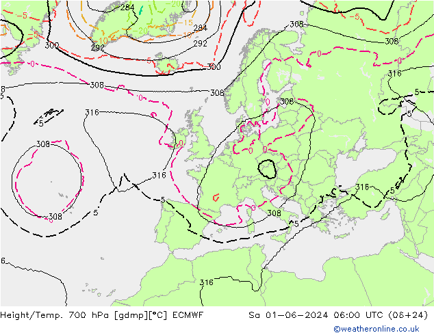 Hoogte/Temp. 700 hPa ECMWF za 01.06.2024 06 UTC