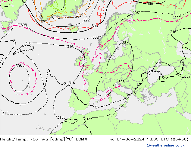 Geop./Temp. 700 hPa ECMWF sáb 01.06.2024 18 UTC