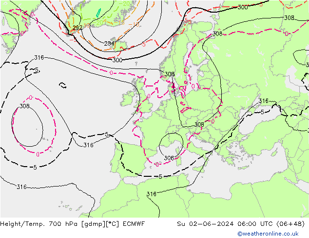 Géop./Temp. 700 hPa ECMWF dim 02.06.2024 06 UTC