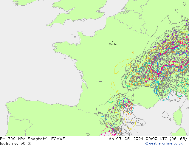 RH 700 hPa Spaghetti ECMWF pon. 03.06.2024 00 UTC